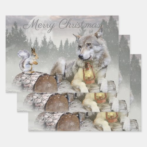 Cute Wolf Squirrel Winter Snow Forest Christmas Wrapping Paper Sheets