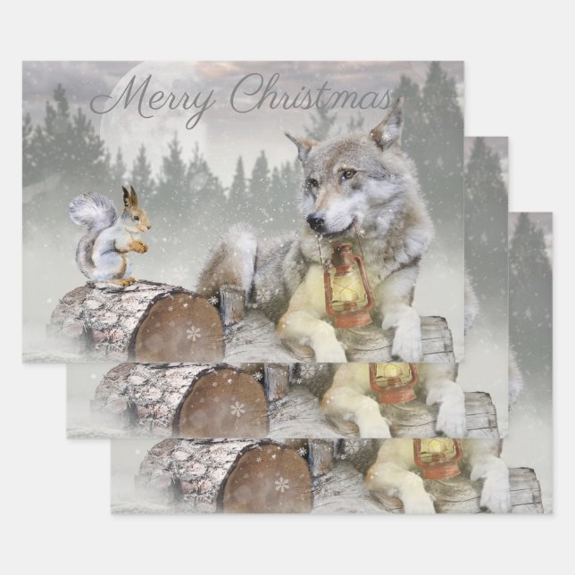 Cute Wolf Squirrel Winter Snow Forest Christmas Wrapping Paper Sheets (Set)