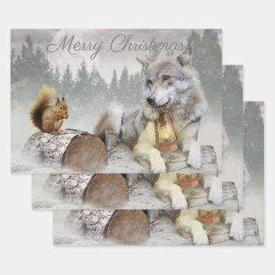Cute Wolf Squirrel Winter Snow Forest Christmas Wrapping Paper Sheets