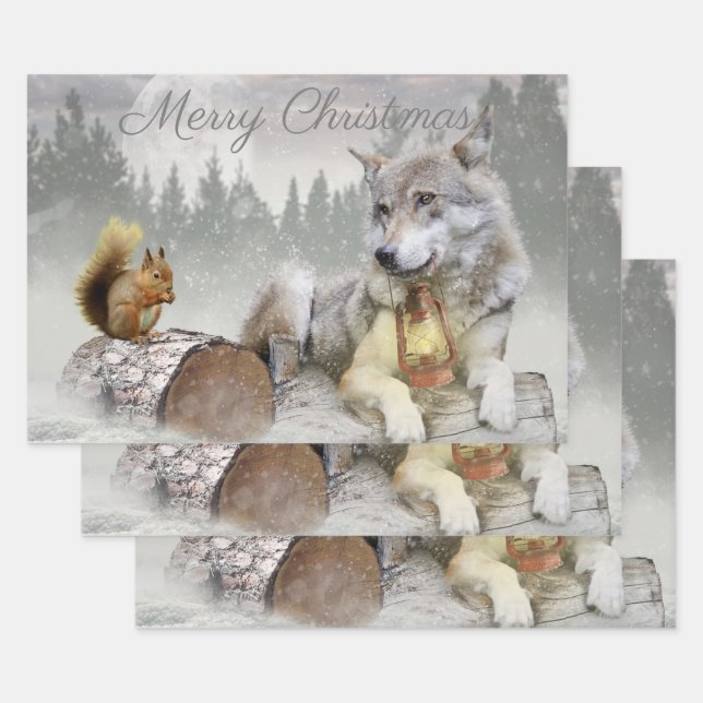 Cute Wolf Squirrel Winter Snow Forest Christmas Wrapping Paper Sheets (Set)