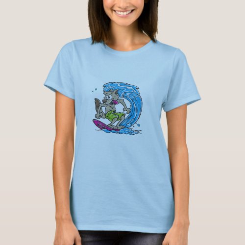 Cute Wolf Surf Cartoon T_Shirt