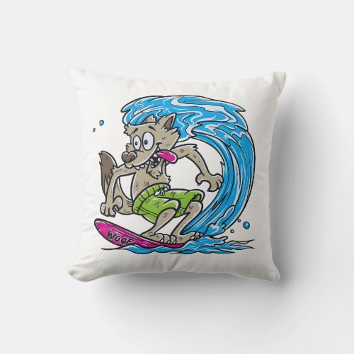 Cute Wolf Surf Cartoon Throw Pillow