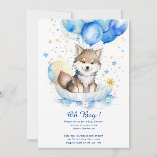 Cute Wolf Watercolor Boy Baby Shower Invitation