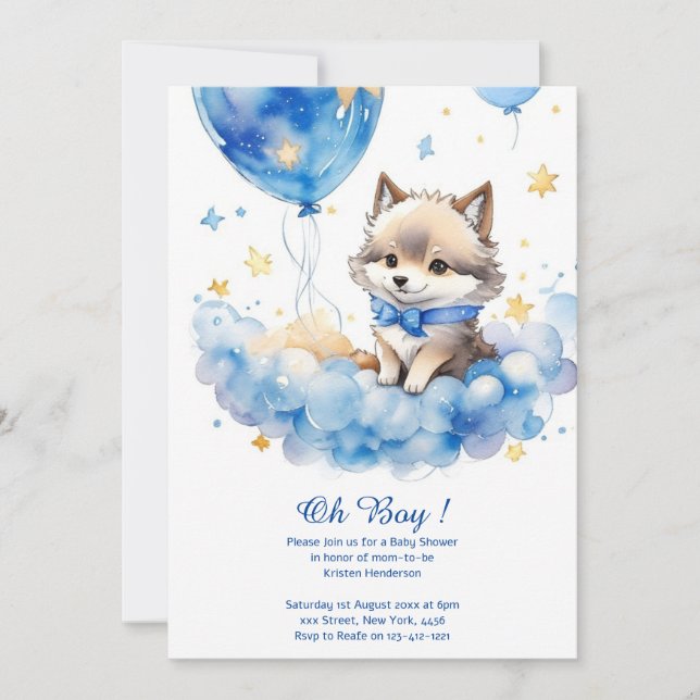 Cute Wolf Watercolor Boy Baby Shower Invitation (Front)