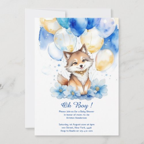 Cute Wolf Watercolor Boy Baby Shower Invitation