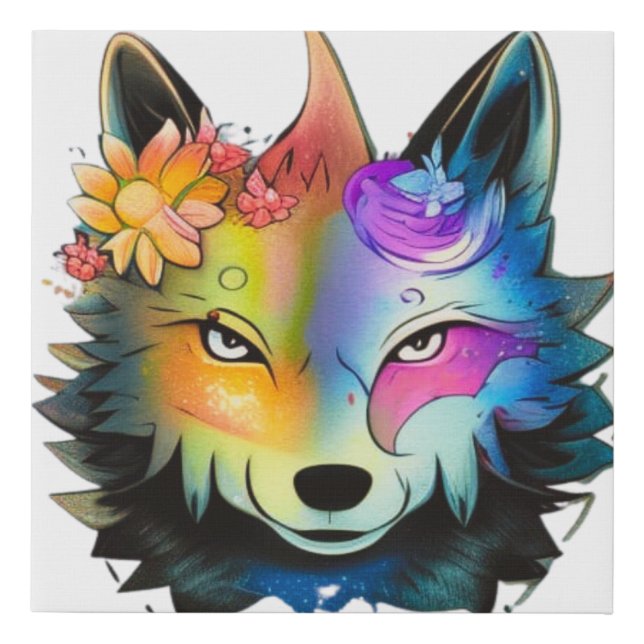 Cute Wolf with flowers Faux Canvas Print (Front)