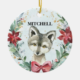 Cute Wolf With Name & Year For Kids Holiday Ceramic Ornament
