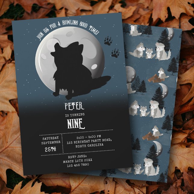 Cute Wolf Woodland Moon Howling Kids Birthday Invitation (Cute Wolf Woodland Moon Howling Kids Birthday Invitation)