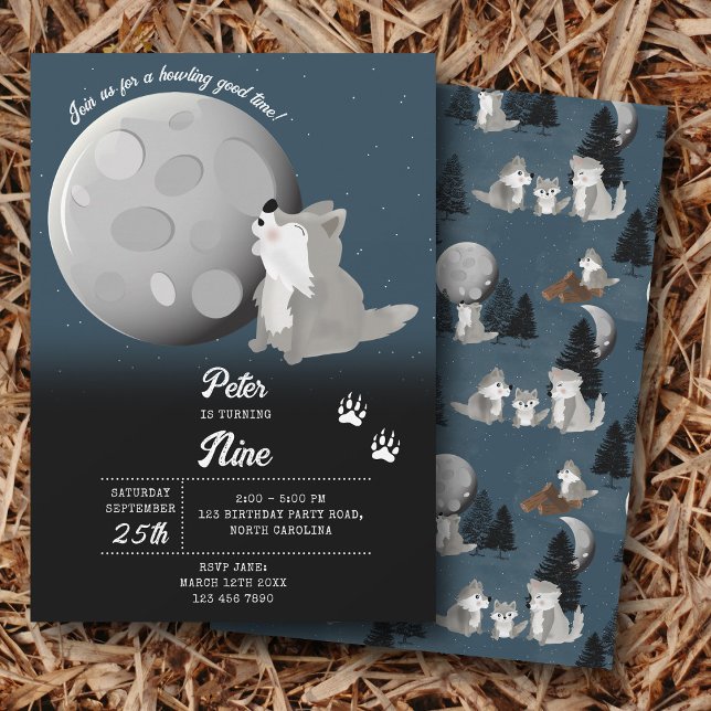 Cute Wolf Woodland Moon Howling Kids Birthday Invitation (Cute Wolf Woodland Moon Howling Kids Birthday Invitation)