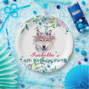 Cute Wolf zoo animals jungle Floral Birthday party Paper Plates