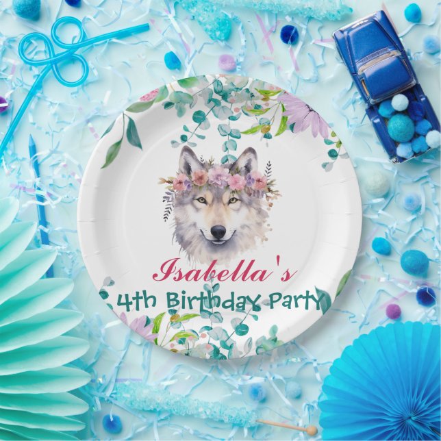 Cute Wolf zoo animals jungle Floral Birthday party Paper Plates (Party)