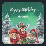 Cute wolf zoo Christmas tree birthday girl party Square Sticker<br><div class="desc">Cute lion wolf fox zoo Christmas tree birthday girl party</div>