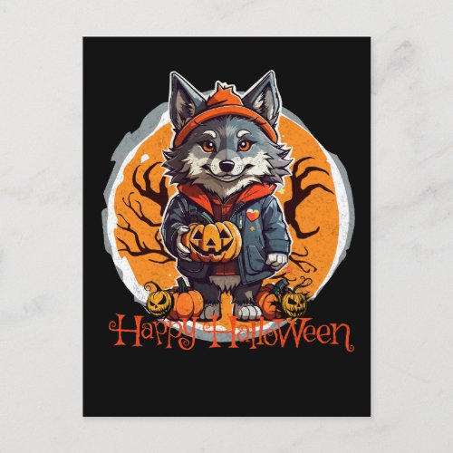 Cute Wolfie with Pumpkins Happy Halloween Vibes Postcard