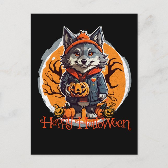 Cute Wolfie with Pumpkins Happy Halloween Vibes Postcard (Front)