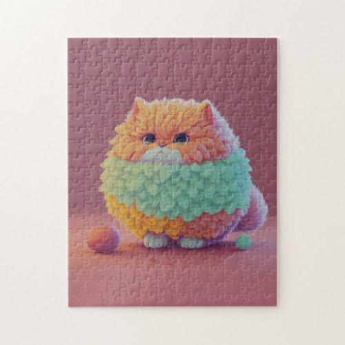 cute wolly chubby cat with a grumpy face on pink jigsaw puzzle