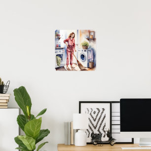Cute Woman in Pajamas Doing Laundry Adorable Poster