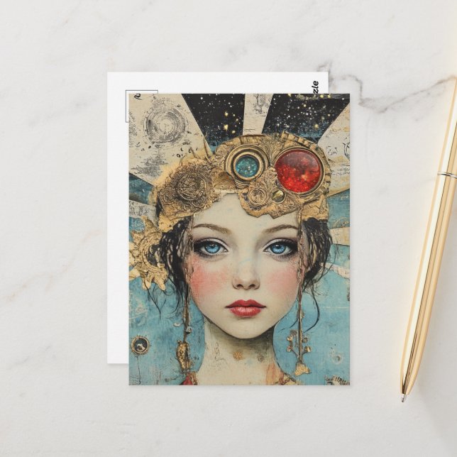 Cute Woman Mixed Media Collage Postcard (Front/Back In Situ)