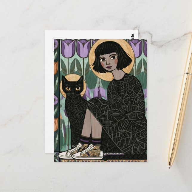 Cute woman sitting with her cat  postcard (Front/Back In Situ)