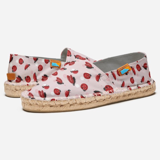 Cute Womens Pink Polka Dot Ladybug Espadrilles (Angled)