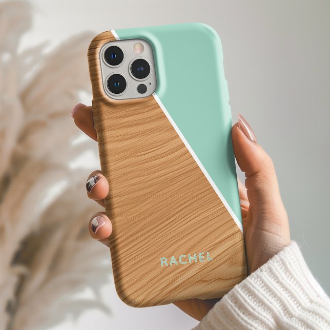 Cute Wood and Light Teal Personalized  Case-Mate iPhone Case (Creator Uploaded)