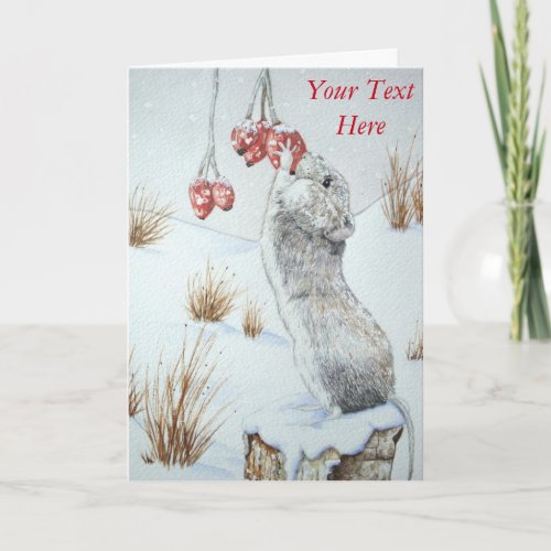 Cute wood mouse eating berries snow scene wildlife holiday card