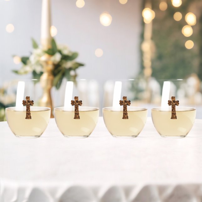 cute Wooden Button Cross Christian  Stemless Wine Glass (Insitu (Wedding))