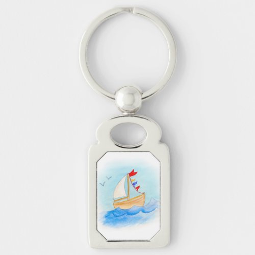 Cute wooden sailing boat art keychain