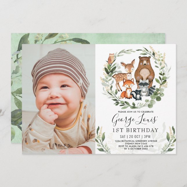 Cute Woodland 1st Birthday Forest Friends Party Invitation (Front/Back)
