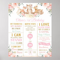 Cute Woodland 1st Birthday Milestone Birth Stats Poster