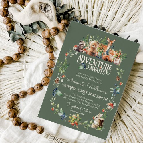 Cute Woodland Animal Adventure Neutral Baby Shower Invitation