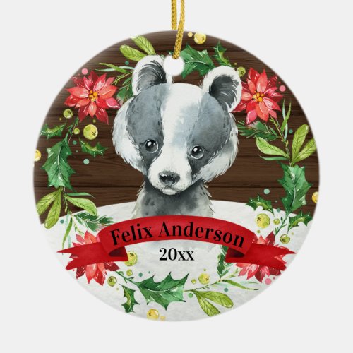 Cute Woodland Animal Baby Badger Christmas Ceramic Ornament