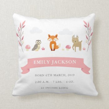 Cute Woodland Animal Baby Girl Announcement Pillow by OS_Designs at Zazzle