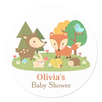 Cute Woodland Animal Baby Shower Party Labels Classic Round Sticker