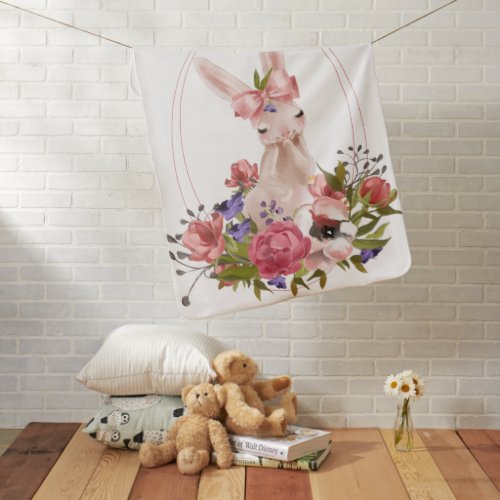Cute Woodland Animal Bunny Floral Name Baby Blanket