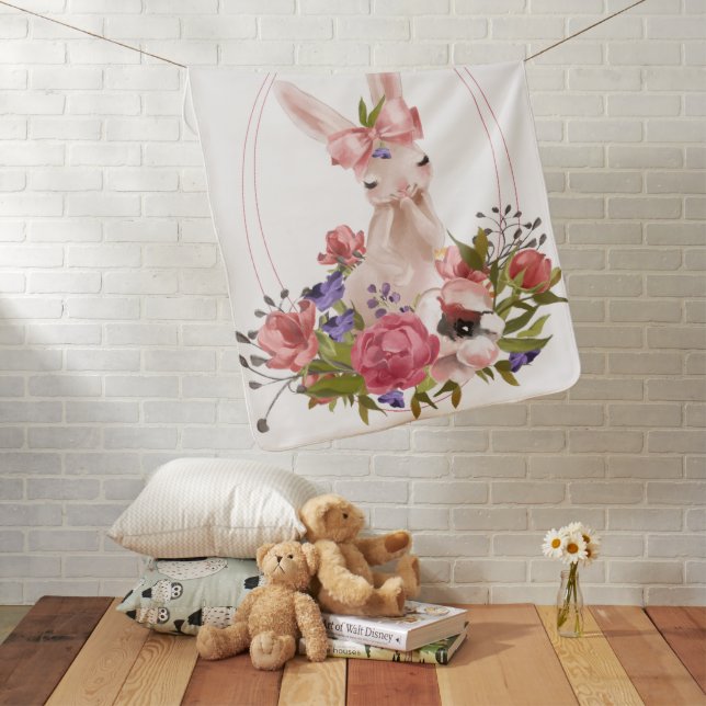 Cute Woodland Animal Bunny Floral Name Baby Blanket (In Situ)
