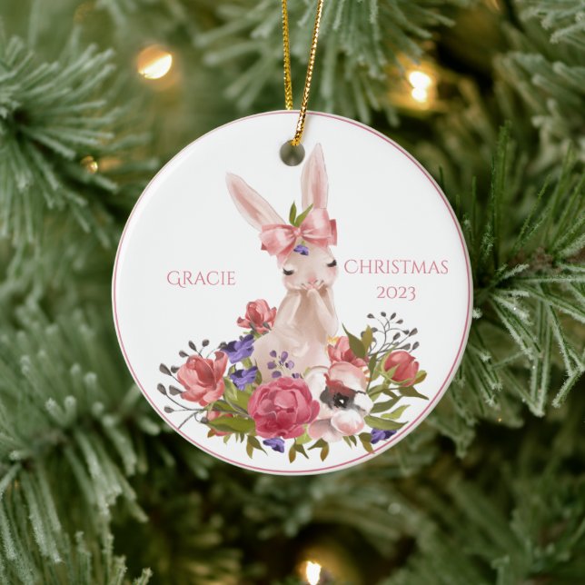 Cute Woodland Animal Bunny Floral Name Christmas Ceramic Ornament (Tree)