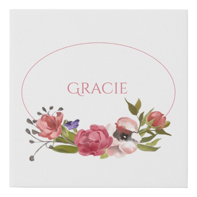 Cute Woodland Animal Bunny Floral Name   Faux Canv Faux Canvas Print (Front)