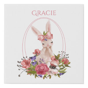 Cute Woodland Animal Bunny Floral Name Faux Canvas Print