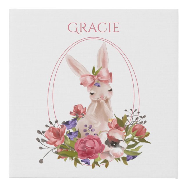 Cute Woodland Animal Bunny Floral Name   Faux Canvas Print (Front)