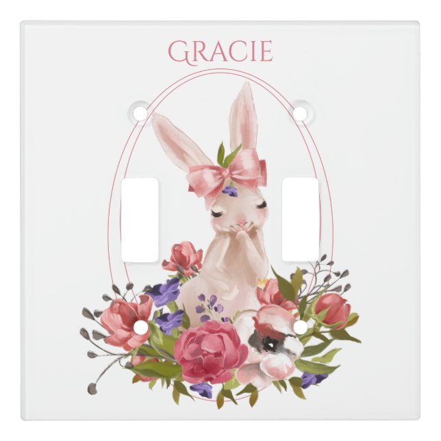 Cute Woodland Animal Bunny Floral Name Light Switch Cover (Front)