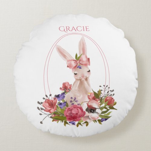 Cute Woodland Animal Bunny Floral Name Round Pillow