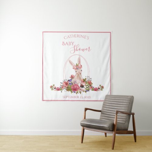 Cute Woodland Animal Bunny Floral Name Tapestry