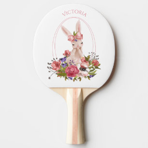 Cute Woodland Animal Bunny Floral Watercolor Name Ping Pong Paddle