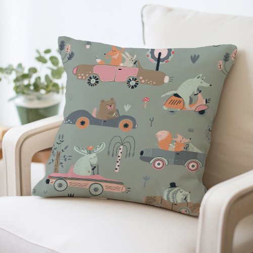 Cute Woodland Animal Car Kids Room Nursery Throw Pillow
