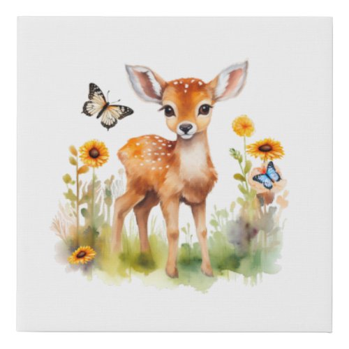 Cute Woodland Animal Deer and Butterflies Faux Canvas Print