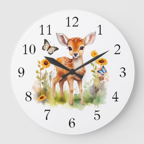 Cute Woodland Animal Deer and Butterflies Large Clock