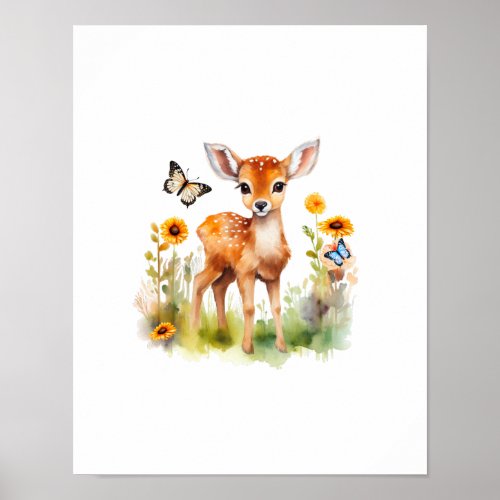 Cute Woodland Animal Deer and Butterflies Poster