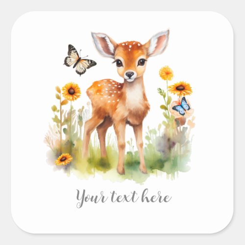 Cute Woodland Animal Deer and Butterflies Square Sticker