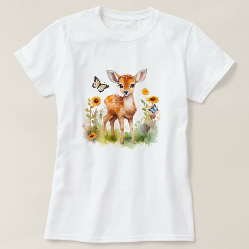 Cute Woodland Animal Deer and Butterflies T_Shirt