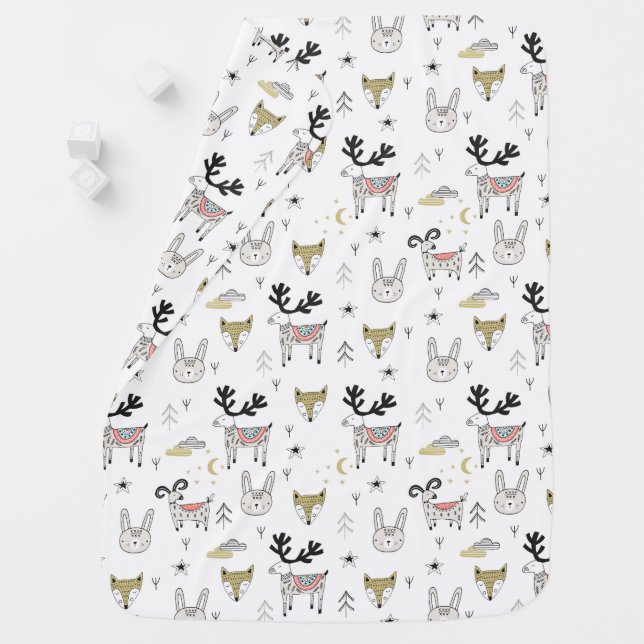 Cute Woodland Animal Doodle Pattern Baby Blanket (In Situ)